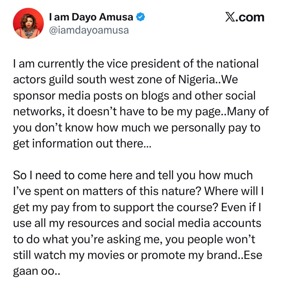 Insecurity: Actress Dayo Amusa trade words with X-users who cussed her out after she appealed to Nigerians to stop attacking her colleagues currently promoting their movies